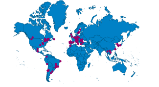 World map with dots showing AMU's partner universities